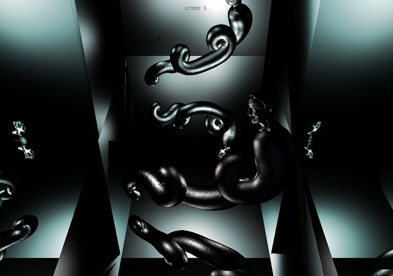mockup for scene 5 showing snake reflected in multiple mirrors